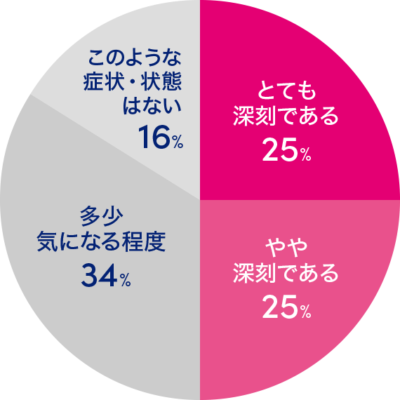 とても深刻である 25% やや深刻である 25% 多少気になる程度 34% このような症状・状態はない 16%