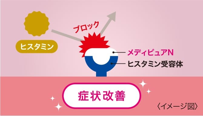 かゆみの症状改善イメージ図 ヒスタミン受容体へメディピュアNが作用し、ヒスタミンをブロックします。